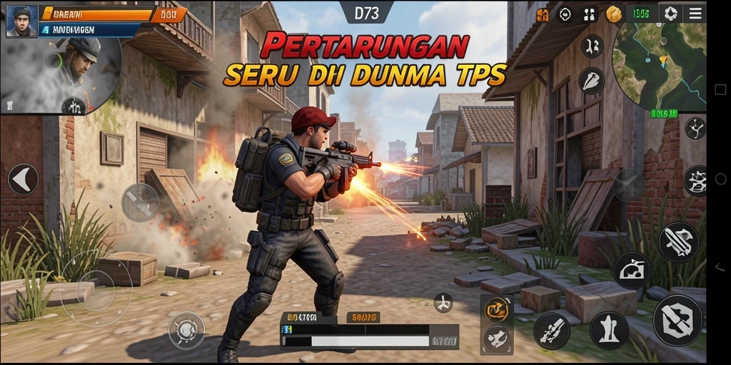 Gameplay D73 menampilkan aksi tembak-menembak yang mendebarkan.