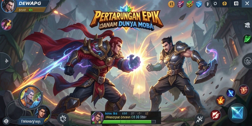 Tampilan gameplay seru DEWAPG dalam aksi pertempuran MOBA.